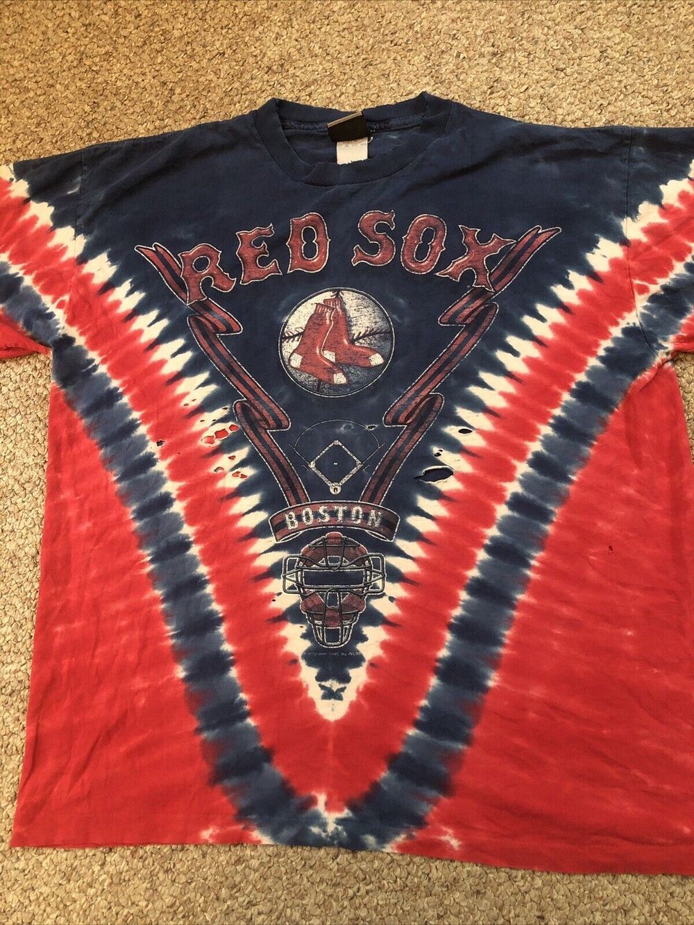Boston Red Sox Shirt 2 Sided XL Tie Dye T-Shirt Liquid Blue All Over Print holes